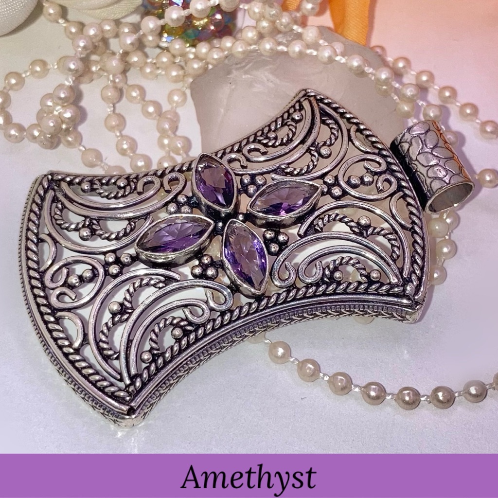 Amethyst Quartz Gemstone Handmade Filigree Slider Pendant